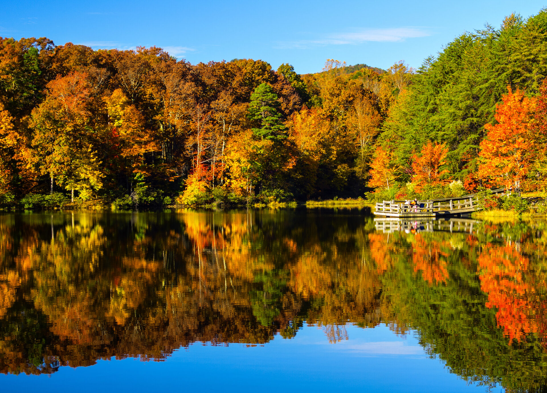 A calm lake reflecting vibrant autumn trees with shades of orange, yellow, and green, under a bright blue sky. A small dock extends into the water, creating a peaceful and scenic view.